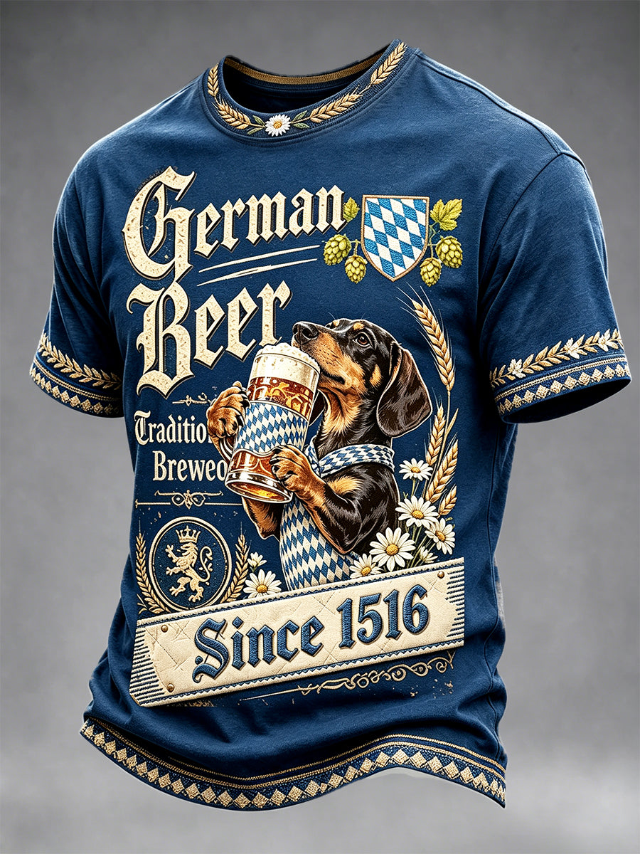 Dunkelblaues Freizeit-T-Shirt für Herren mit Dackelmotiv zum deutschen Oktoberfest