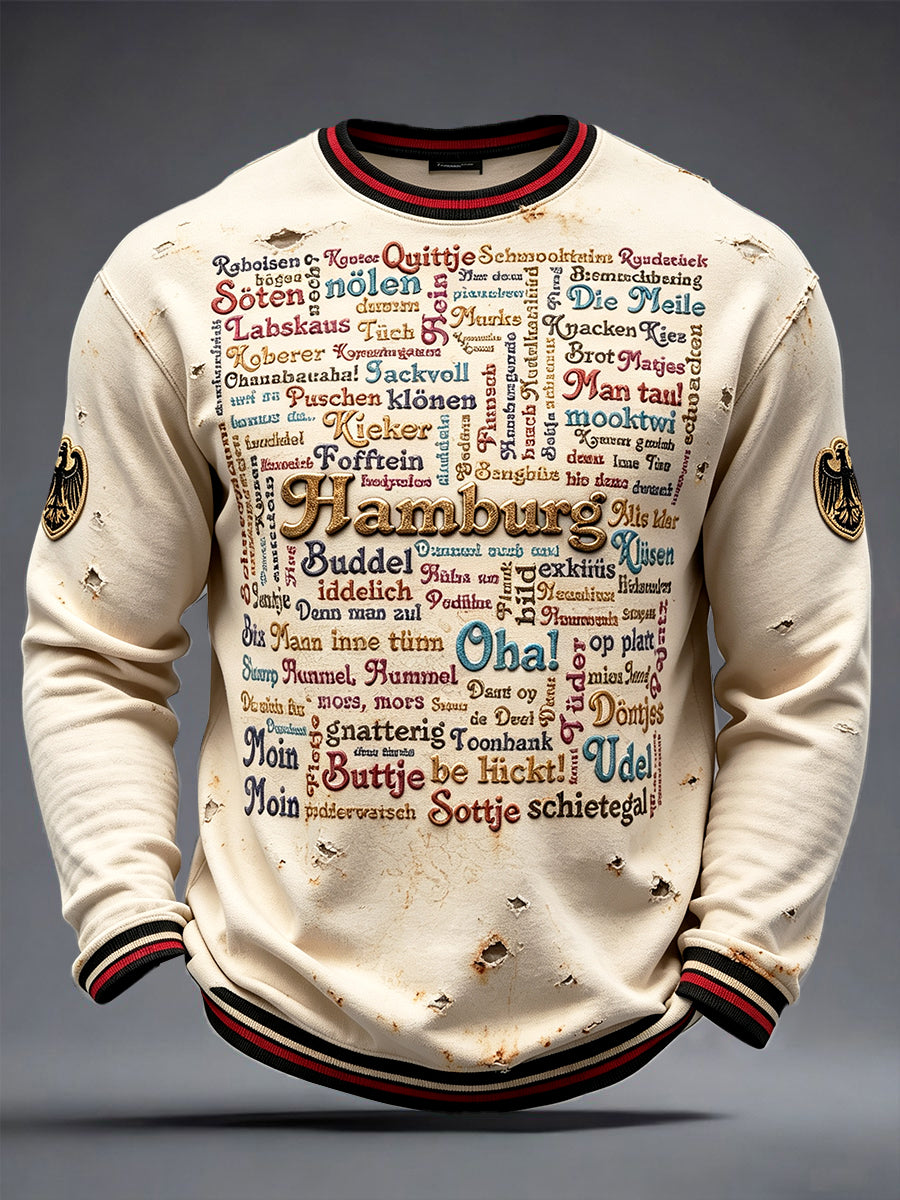 Herren-T-Shirt mit lässigem Grafikdruck zum Thema Hamburg, langärmelig