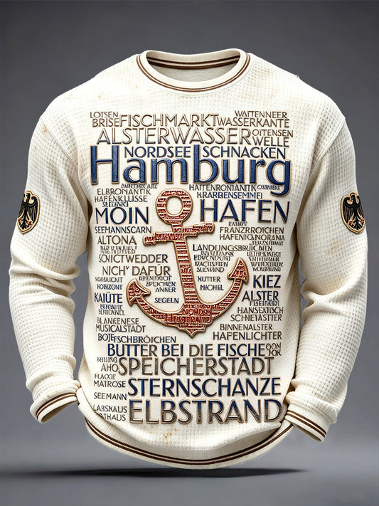 Herren-Retro-Off-White-T-Shirt mit deutschem Hamburger Schriftzug, lässig, langärmlig