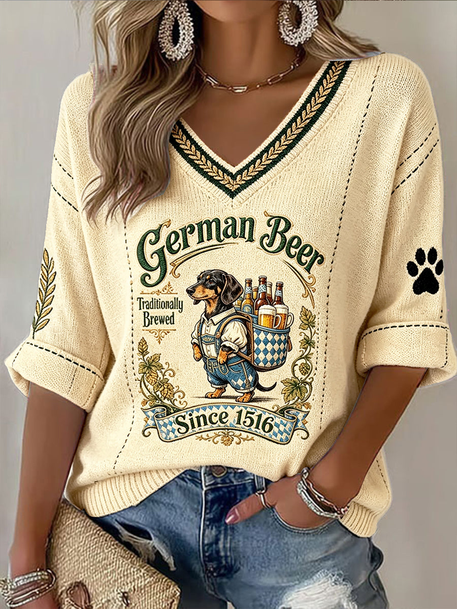Damen-T-Shirt im Oktoberfest-Stil, gelb, mit niedlichem Hundeaufdruck und V-Ausschnitt, lässig geschnitten