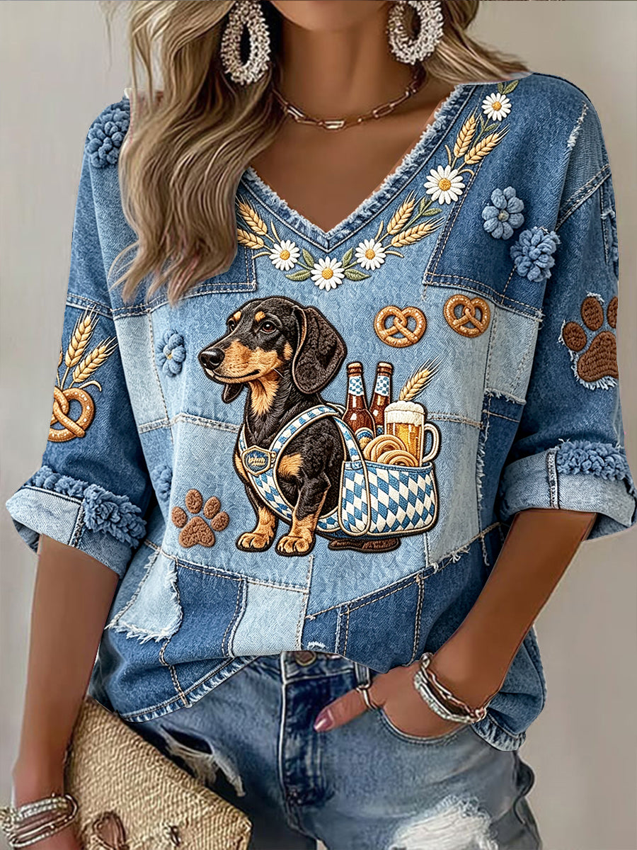 Frauen-Deutsches-Bierfest-Niedlicher-Hund-Druck-Patchwork-Lässiges-V-Ausschnitt-T-Shirt
