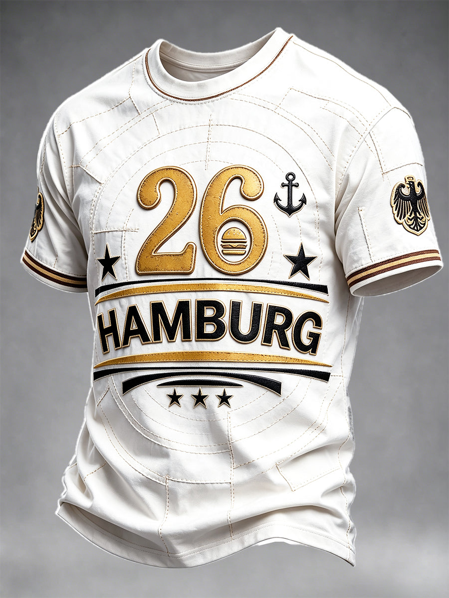 Herrenweißes Freizeit-T-Shirt mit Hamburg-2026-Patchwork-Print