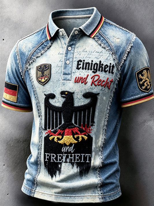 Herren Blau Deutscher Adler Fußball Denim Patchwork Print Freizeit Polo Shirt