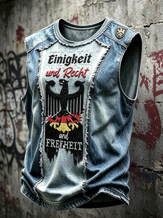 Herren Blau Deutscher Adler Fußball Denim Patchwork Druck lässig Lose-Fit Weste