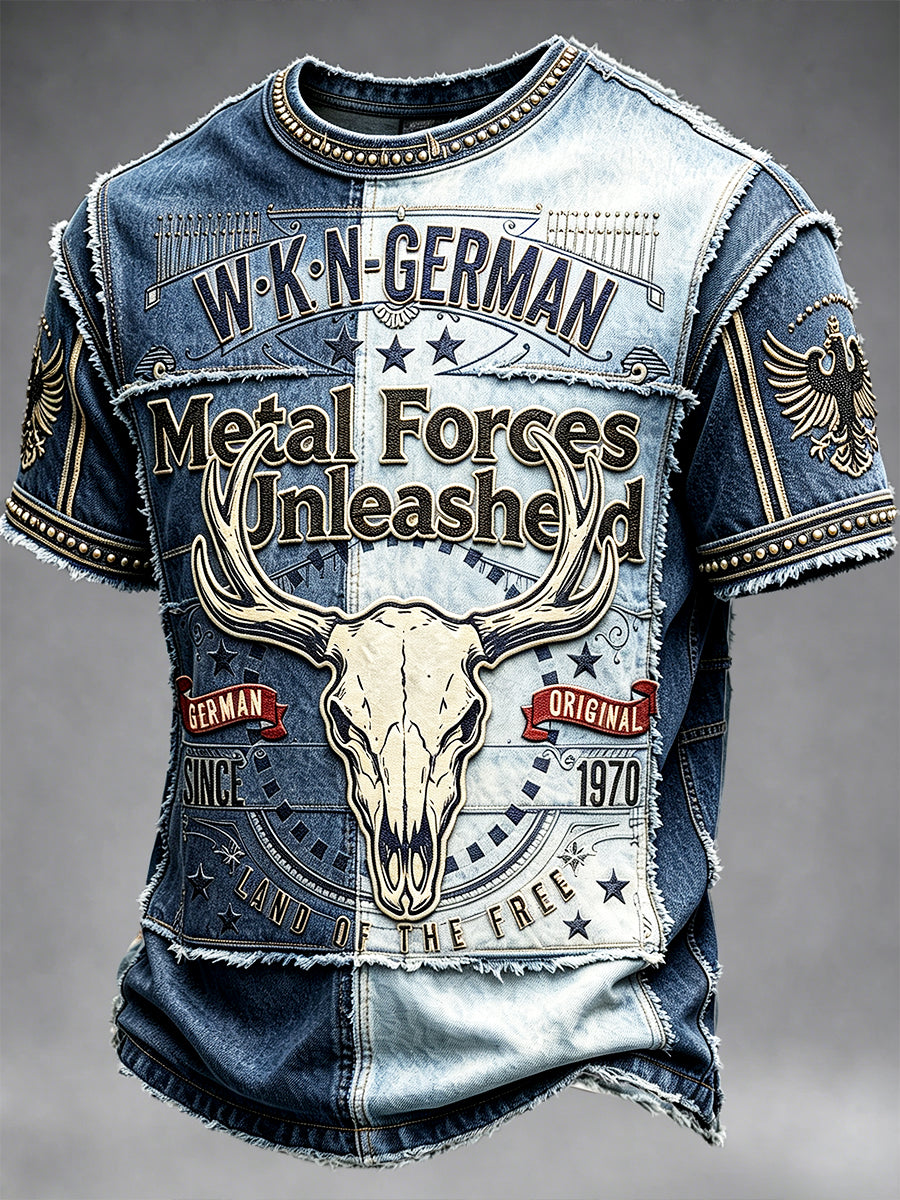 Herren Deutsches Rock Wacken Music Festival Denim Patchwork Print Casual T-Shirt