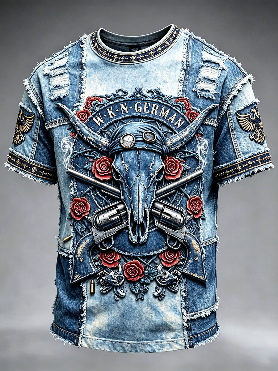 Herren Deutsches Wacken Music Festival Denim Patchwork 3D-gedrucktes lässiges T-Shirt