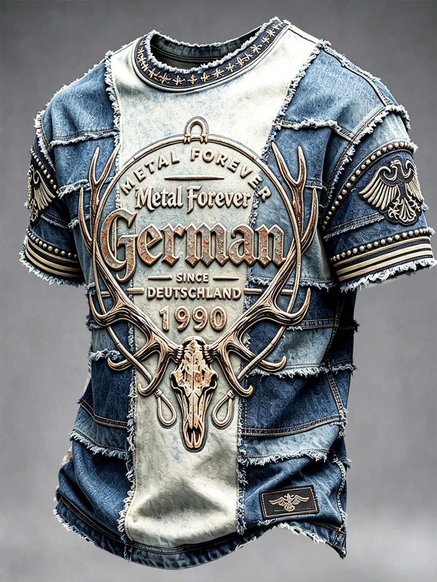 Herren Retro deutsches Rock 'n' Roll Wacken Music Festival Denim Patchwork Print Casual T-Shirt