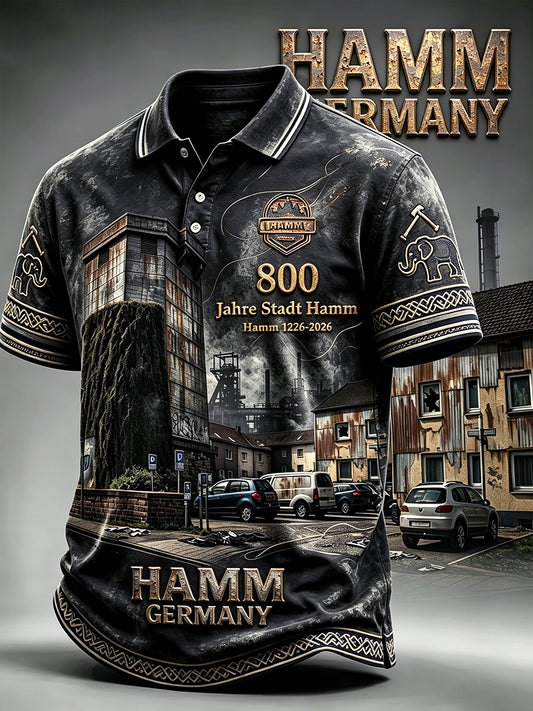 Herren Schwarz Deutsch Hamm 800th Anniversary Gedenk Gedrucktes lässiges Polos hirt