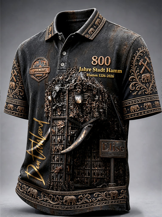Herren-Poloshirt in Schwarz mit Retro-Print zum 800. Jubiläum der deutschen Hamm, lässiger Stil