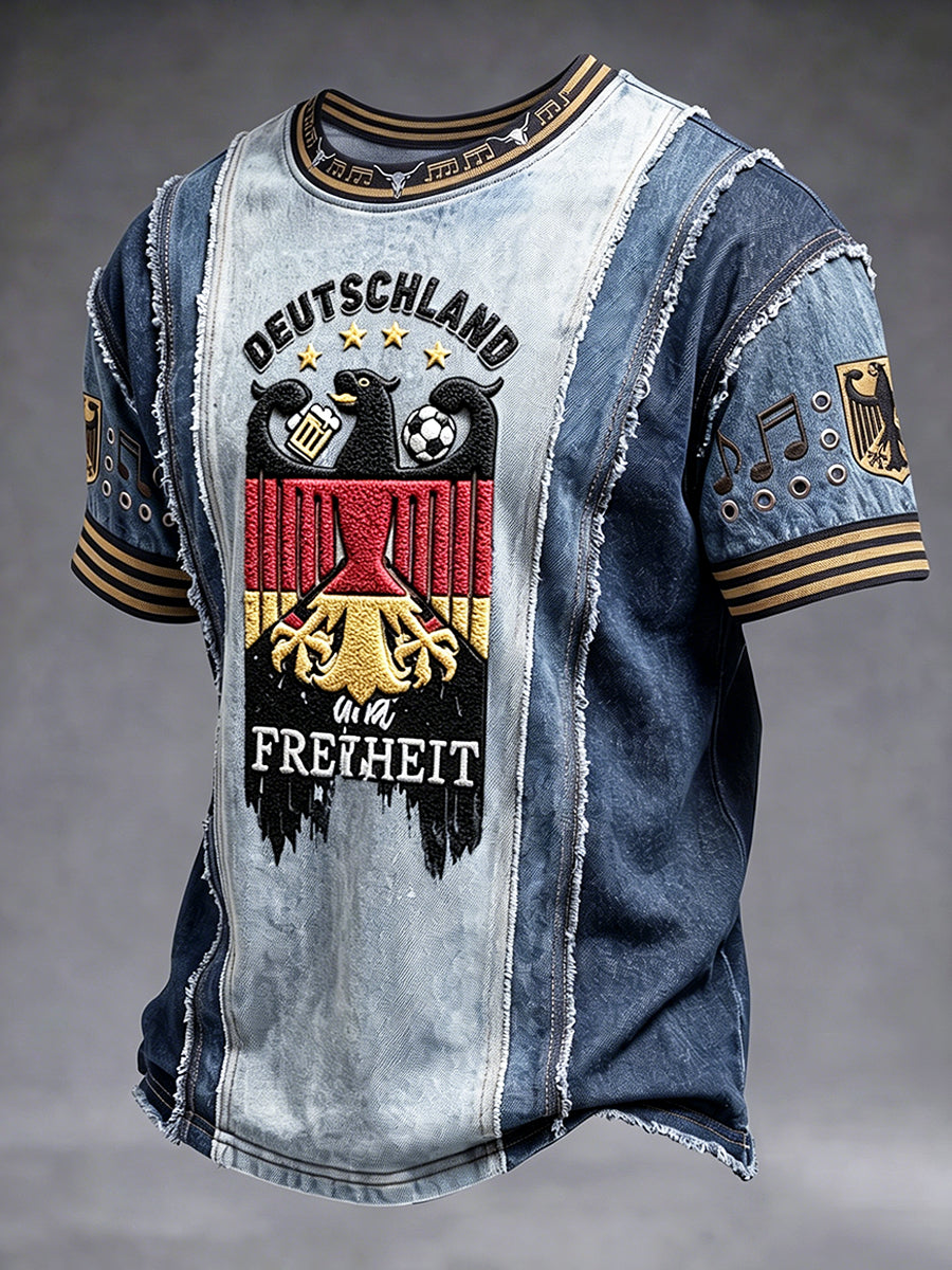 Herren Deutsch Fußball 3D Denim Patchwork Print Freizeit T-Shirt