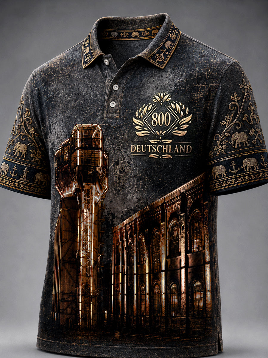 Herren-Retro-Poloshirt in Schwarz mit deutschem Hamm-Logo zum 800. Jubiläum, bedruckt und lässig geschnitten