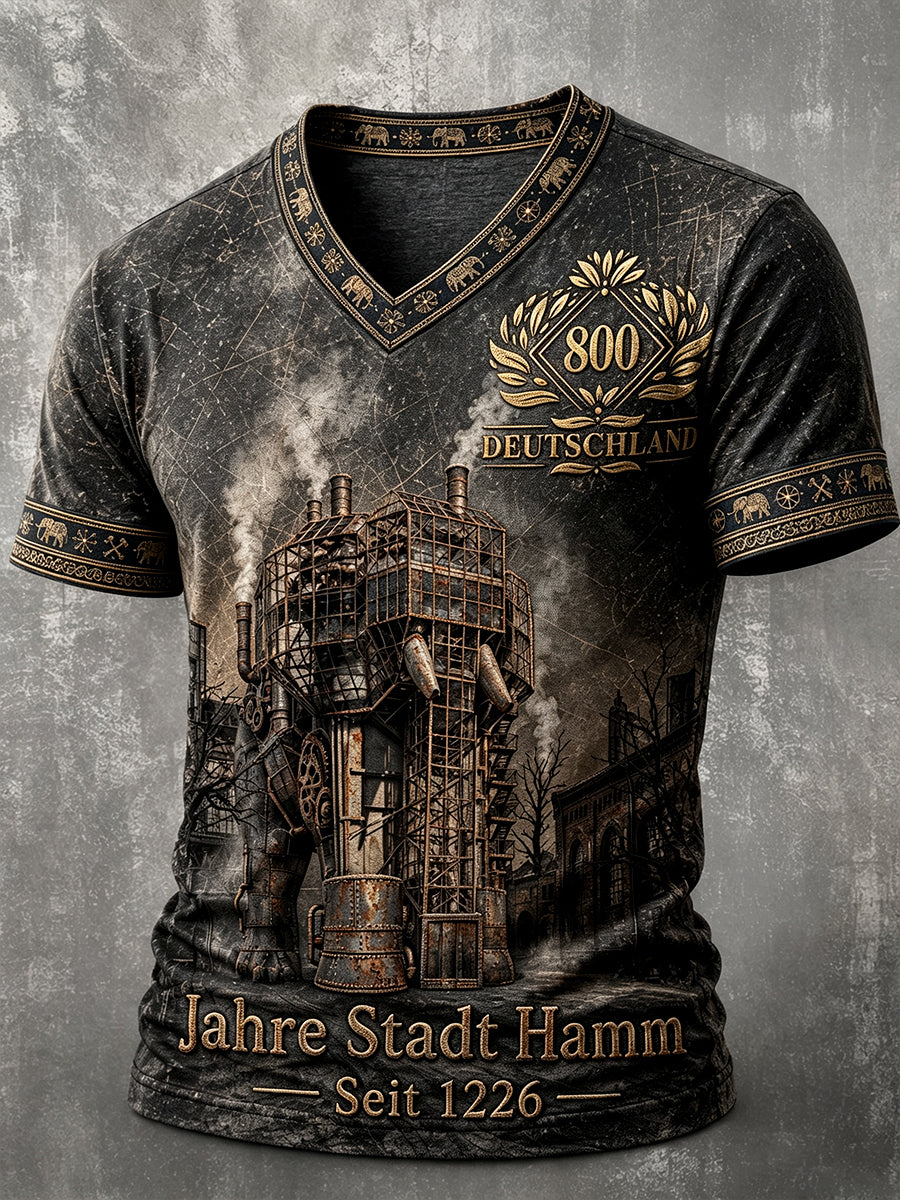 Herren-T-Shirt mit V-Ausschnitt, Vintage-Print zur 800-jährigen Jubiläumsfeier der Deutschen Hamm