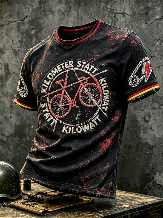 Herren-T-Shirt im Vintage-Stil mit deutschem Radsport-Print, schwarz, lässig