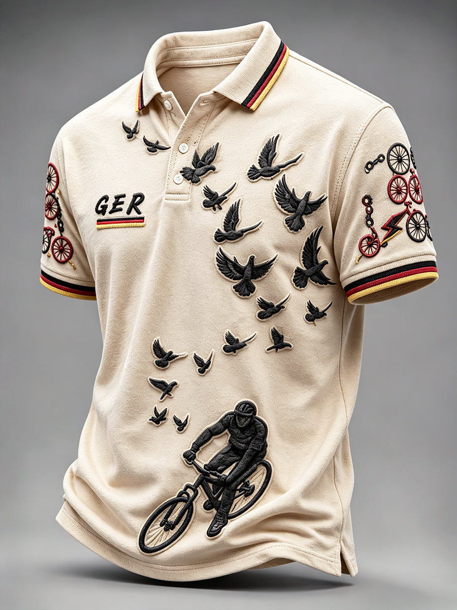 Herren-Poloshirt in Off-White mit deutschem Radsport-Print, lässig geschnitten