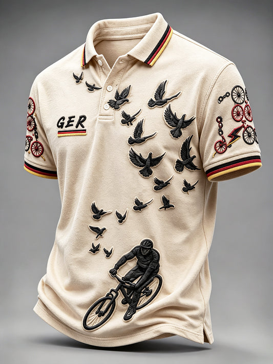 Herren-Poloshirt in Off-White mit deutschem Radsport-Print, lässig geschnitten