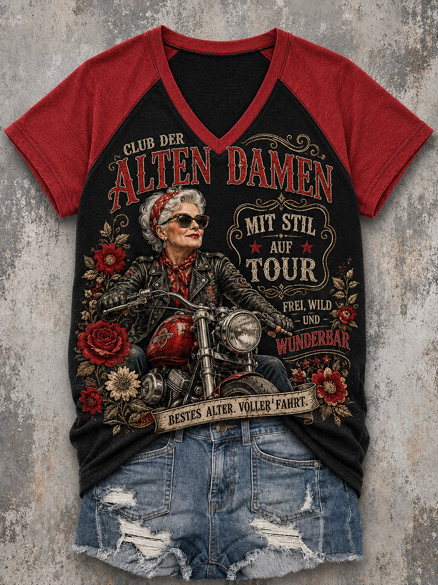 Women's Vintage Slogan-Print Raglan V-Neck Short-Sleeve T-Shirt