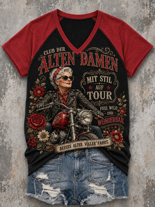 Women's Vintage Slogan-Print Raglan V-Neck Short-Sleeve T-Shirt