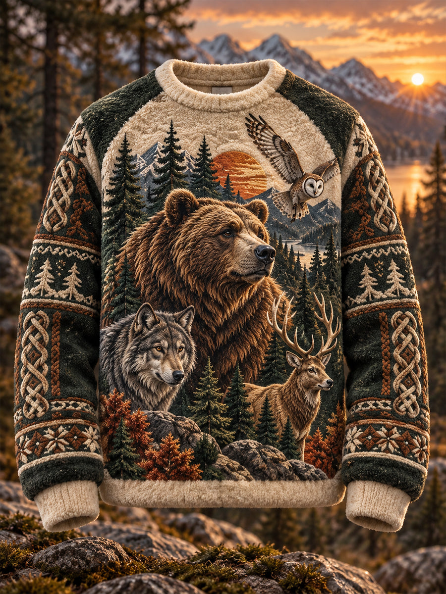 Men's Nordic Forest Animal Flannel Long-Sleeve Sweatshirt