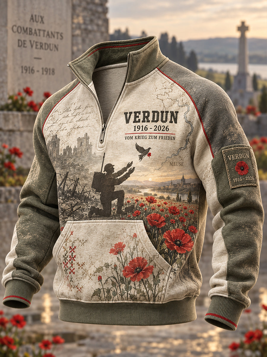 Men's The Memorial Of The Battle Of Verdun Half-Zip Stand Collar Sweatshirt