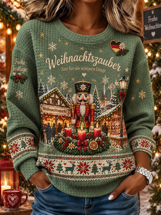 Women's Christmas-Themed Print Waffle-Knit Long-Sleeve Top