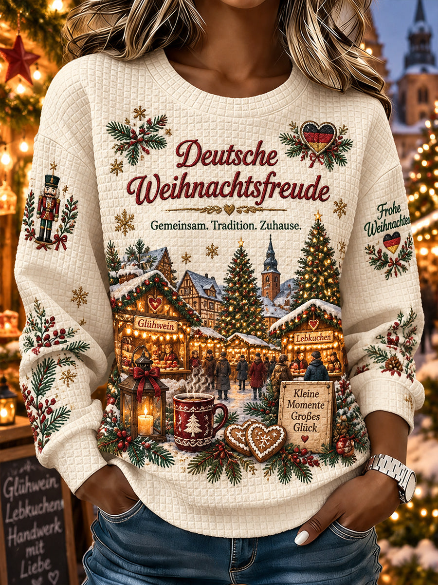 Women's Christmas-Themed Print Waffle-Knit Long-Sleeve Top