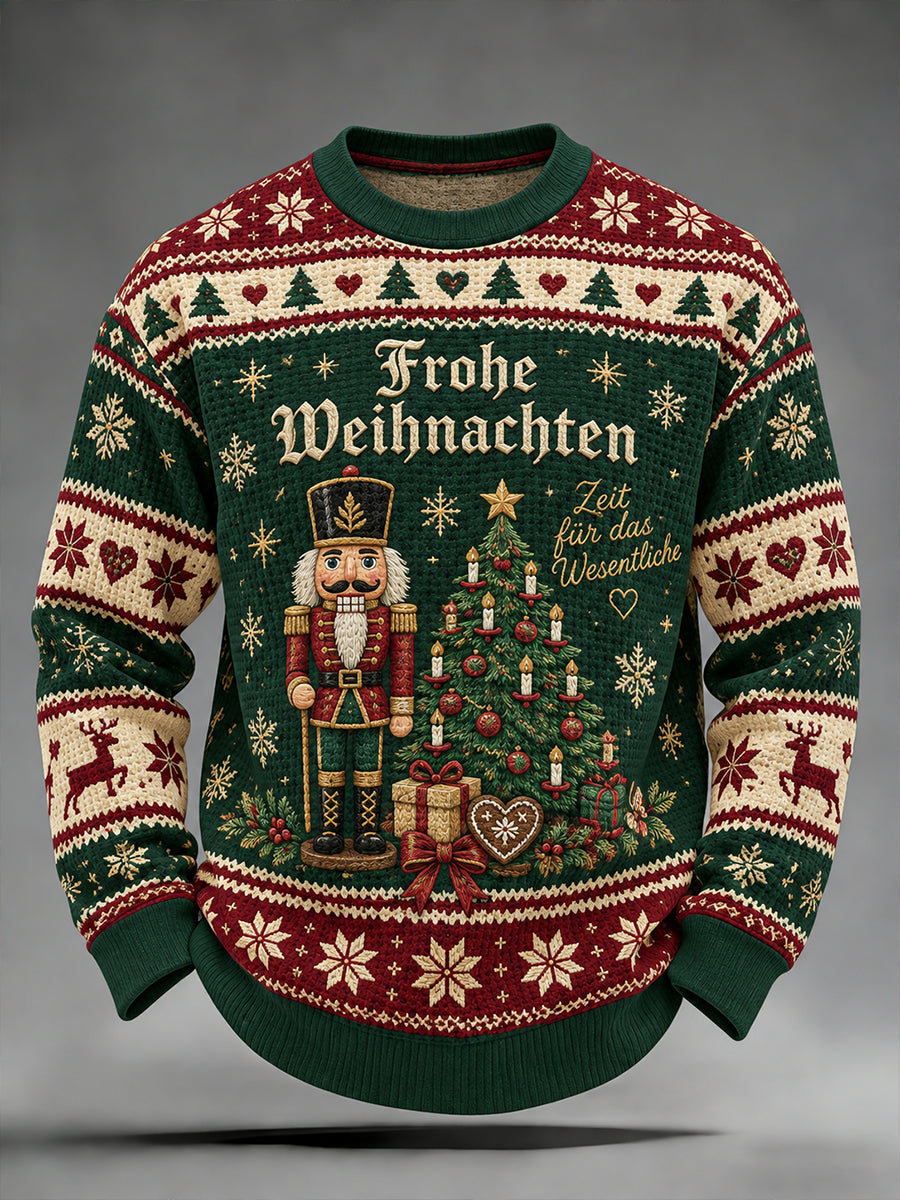 Men's Christmas-Themed Print Waffle-Knit Long-Sleeve Top