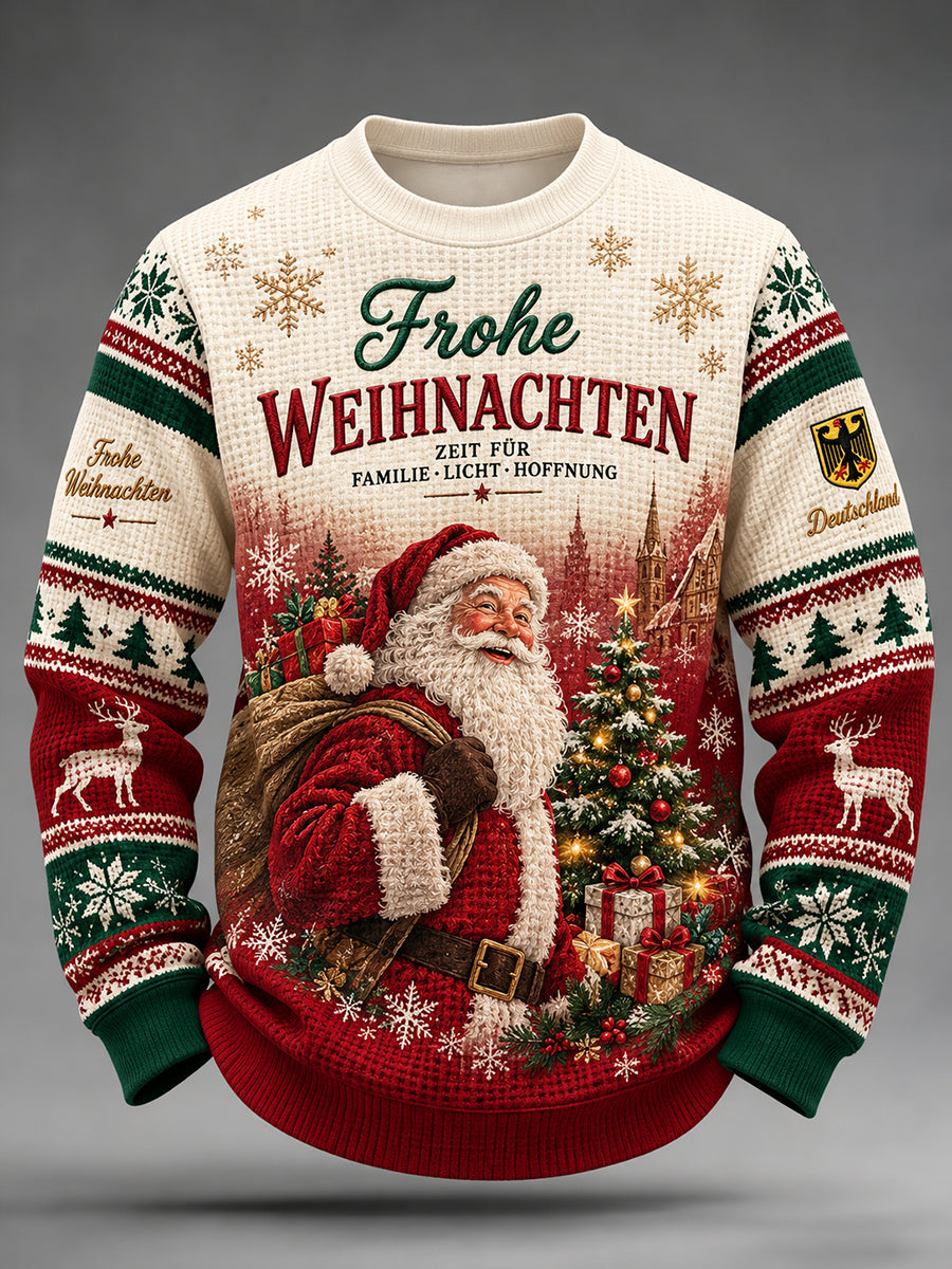 Men's Christmas-Themed Print Waffle-Knit Long-Sleeve Top