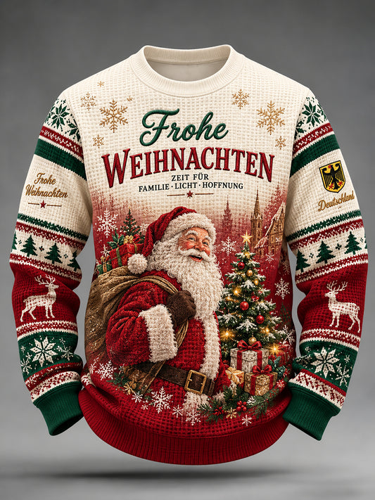 Men's Christmas-Themed Print Waffle-Knit Long-Sleeve Top