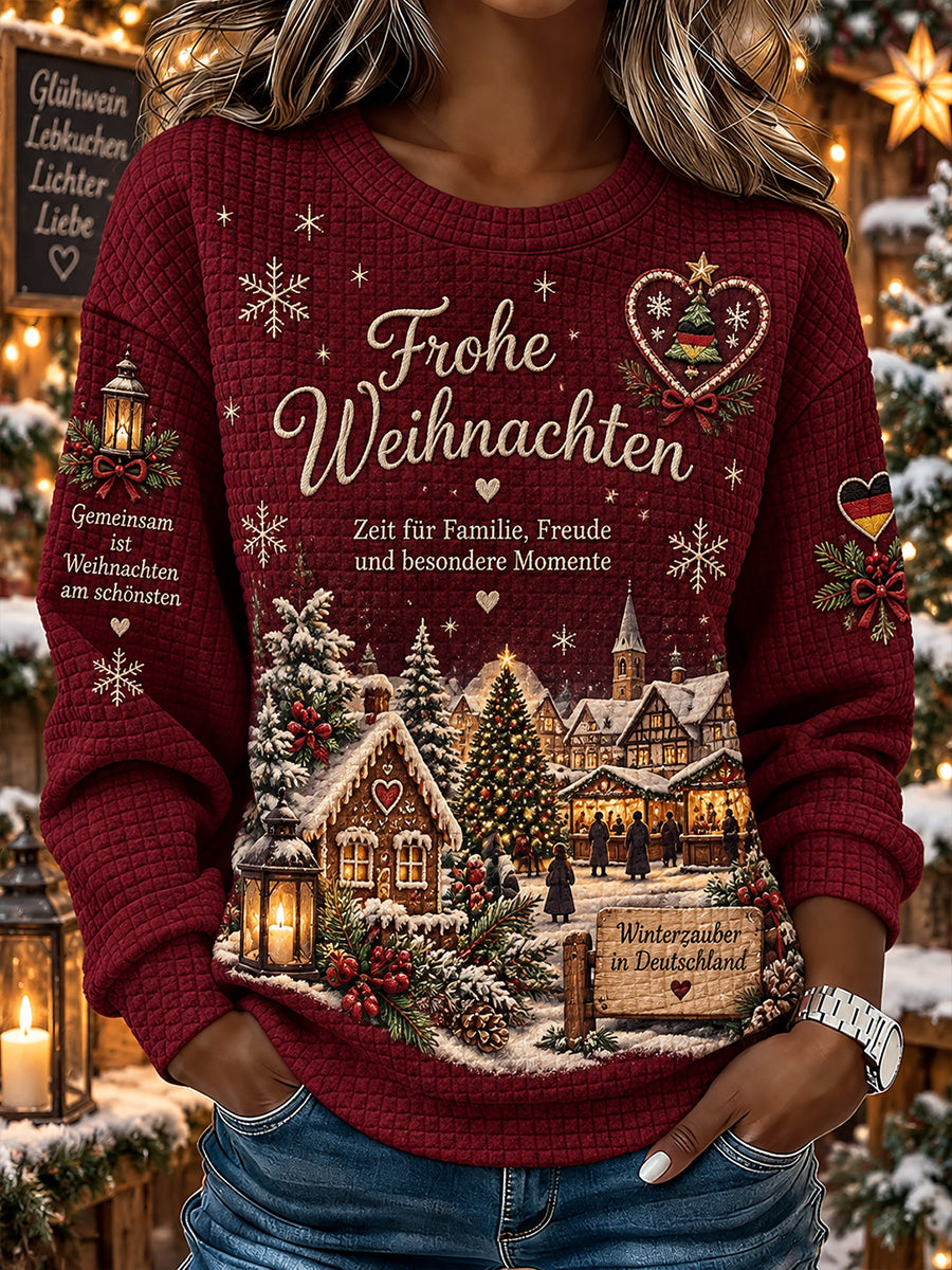 Women's Christmas-Themed Print Waffle-Knit Long-Sleeve Top