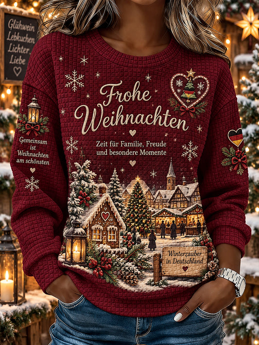 Women's Christmas-Themed Print Waffle-Knit Long-Sleeve Top