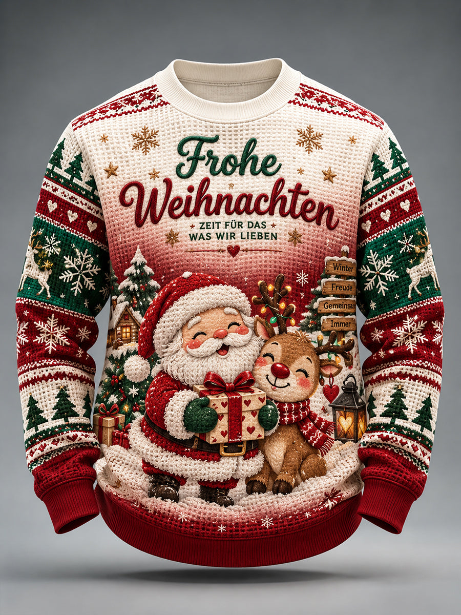 Men's Christmas-Themed Print Waffle-Knit Long-Sleeve Top