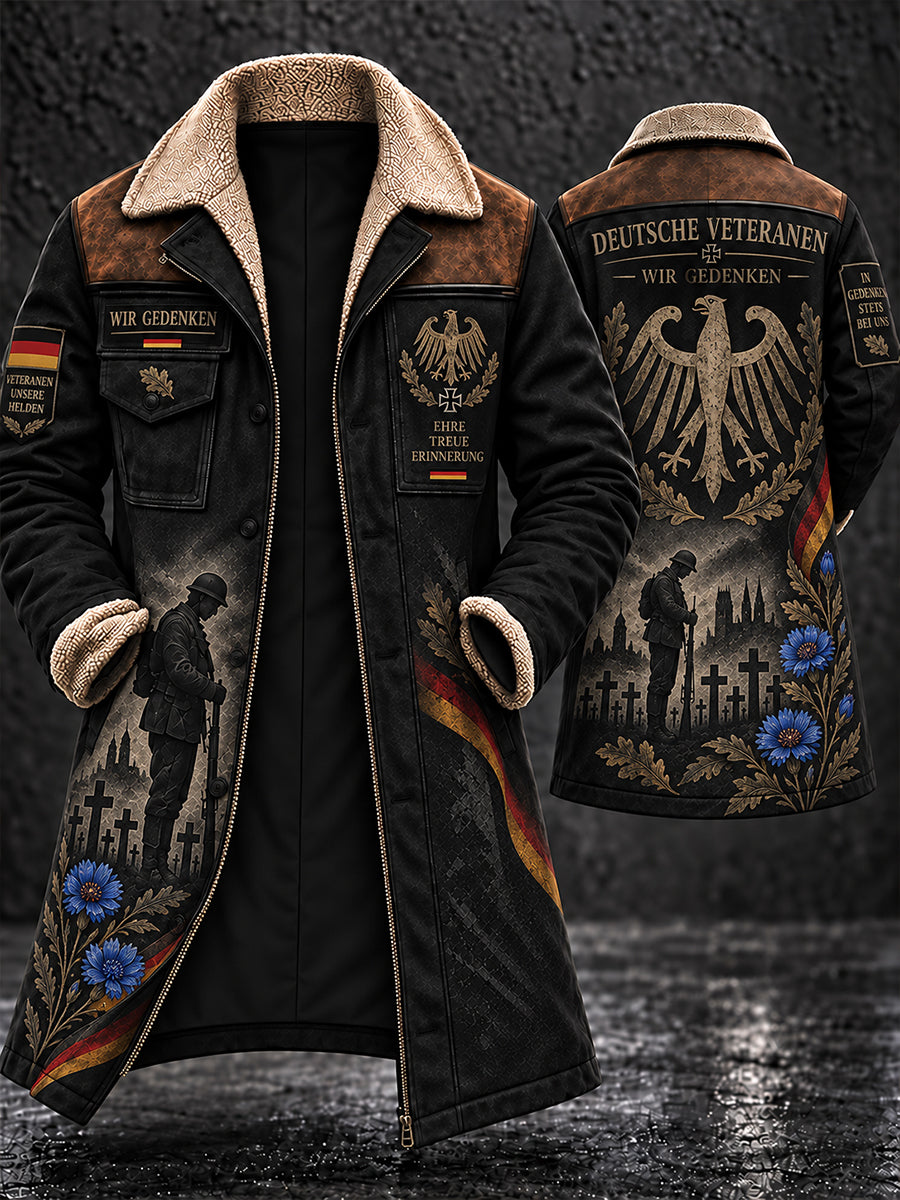 Men's Fleece-Lined Long Coat With Veteran Memorial Graphic Print