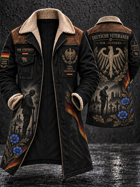 Men's Fleece-Lined Long Coat With Veteran Memorial Graphic Print