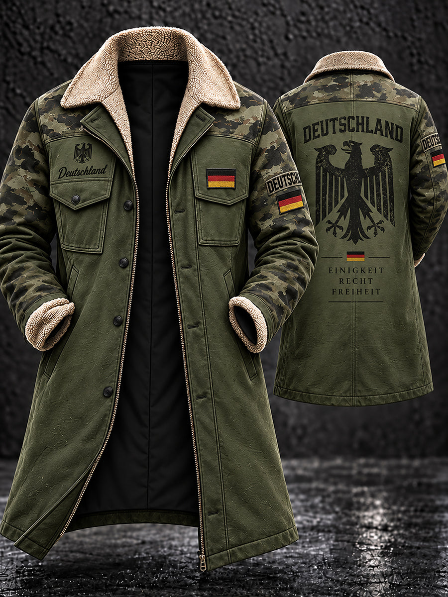 Men's Fleece-Lined Long Coat With Veteran Memorial Graphic Print