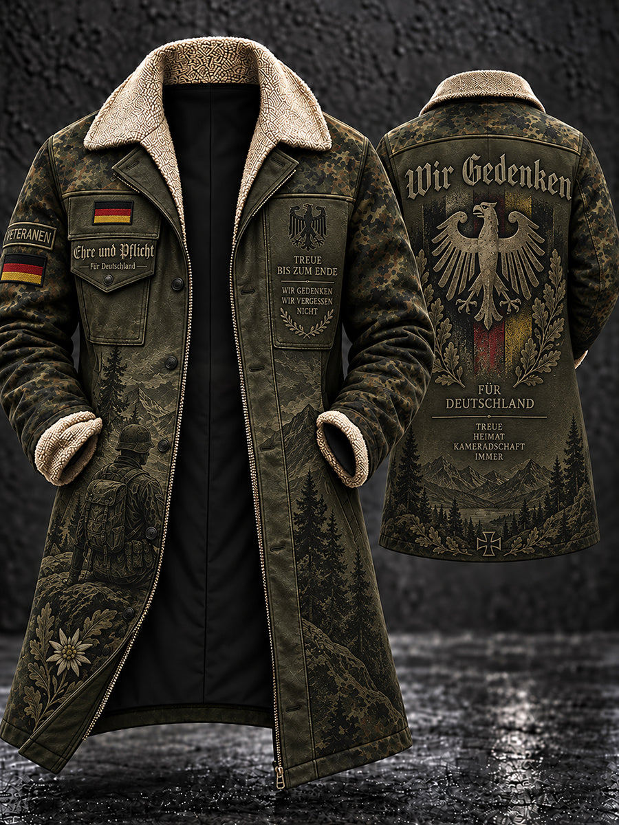 Men's Fleece-Lined Long Coat With Veteran Memorial Graphic Print