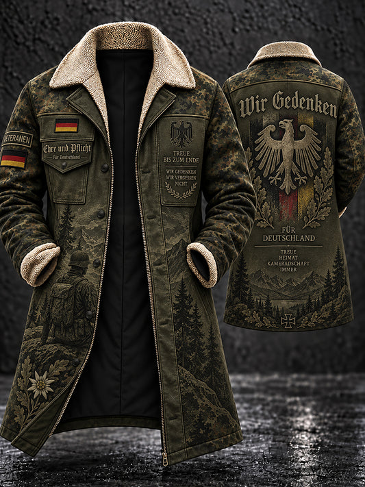 Men's Fleece-Lined Long Coat With Veteran Memorial Graphic Print