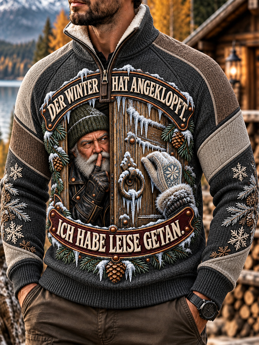 Men's Humorous Slogan Placketed Sleeve Sweater