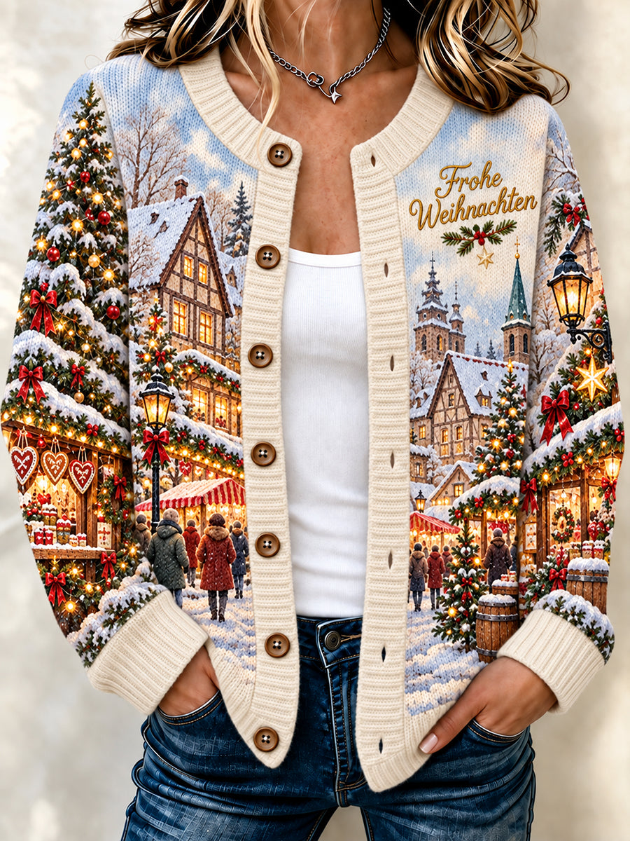 Women's Christmas Market Print Cardigan-Style Knit Jacket
