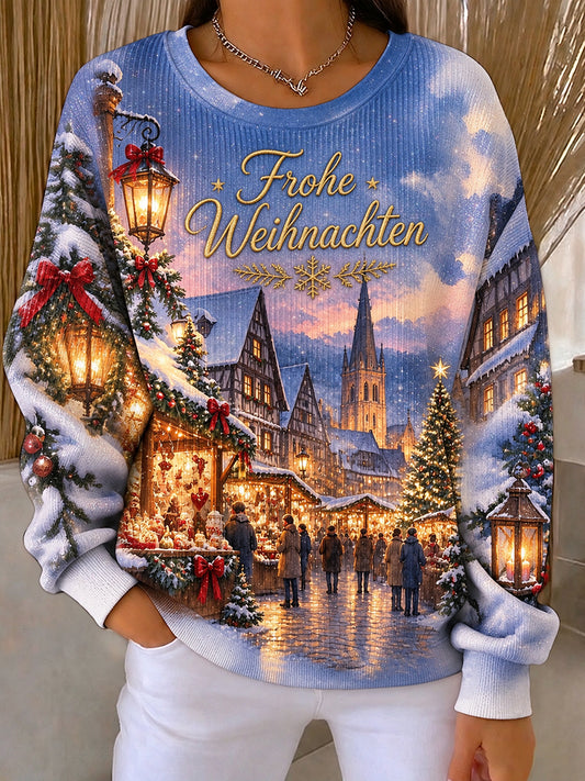 Women's Christmas Market Print Ribbed Round-Neck Sweatshirt