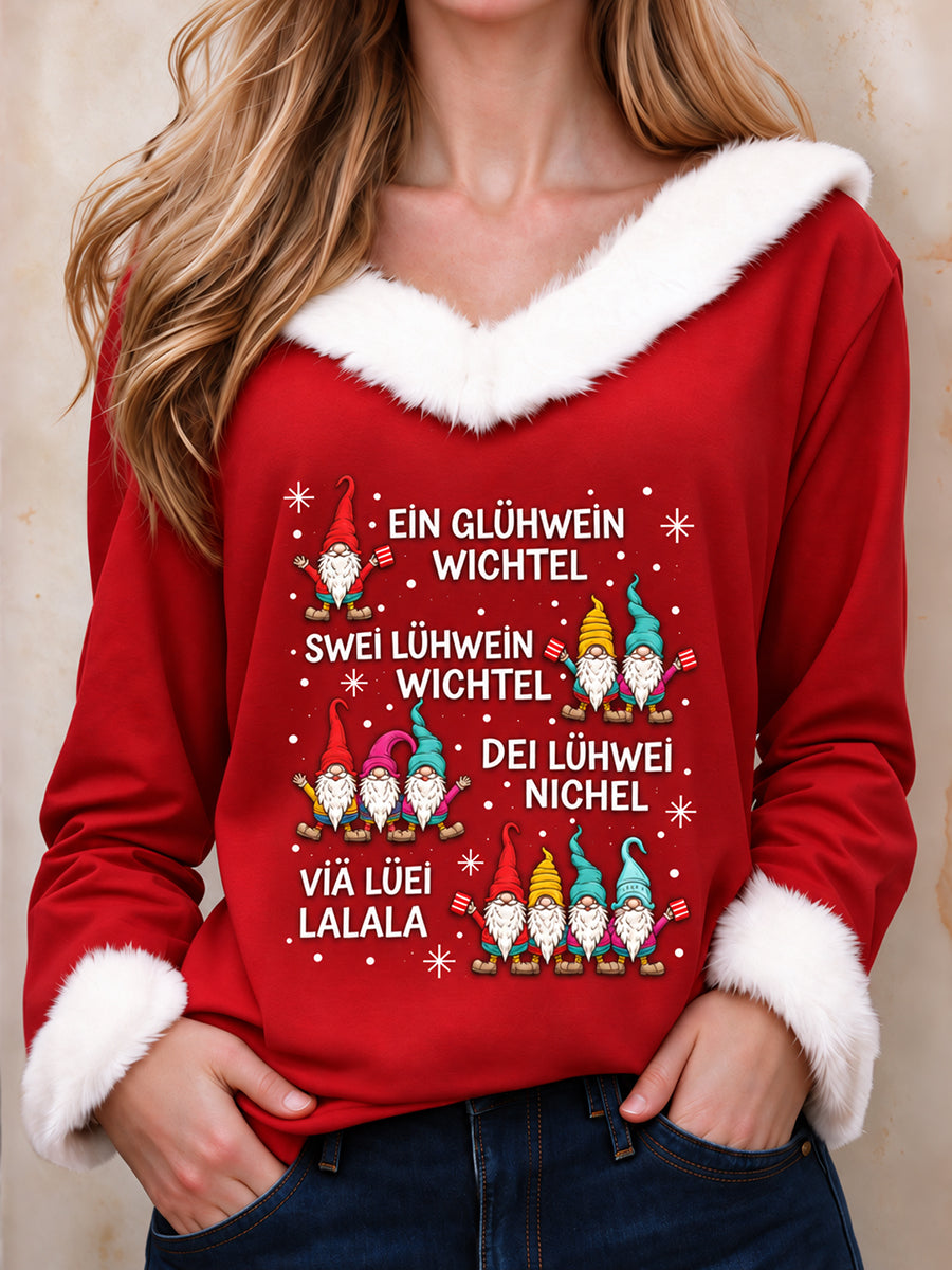 Women's Christmas Faux Fur V-Neck Long Sleeve Top