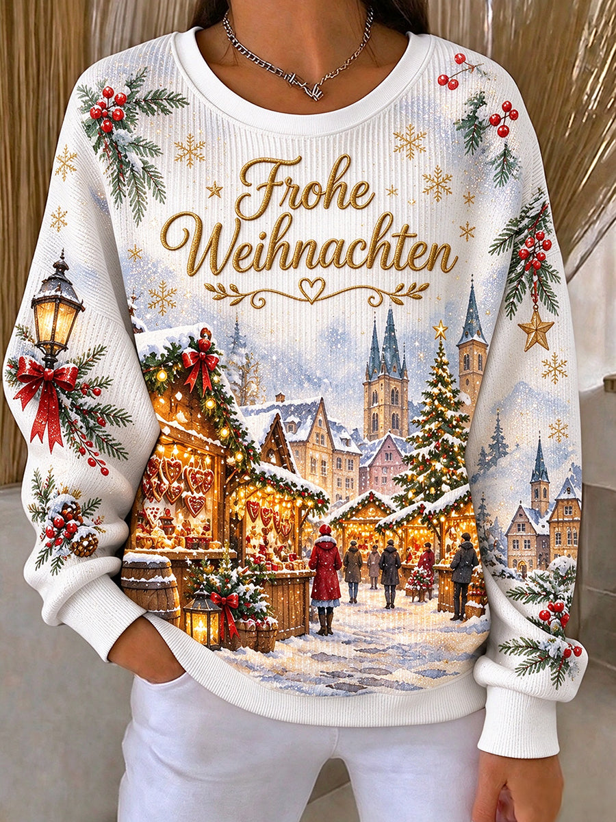 Women's Christmas Market Print Ribbed Round-Neck Sweatshirt