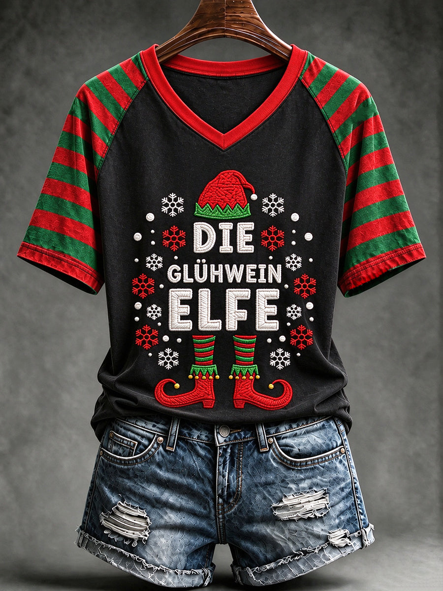 Women's Christmas Print V-neck T-shirt