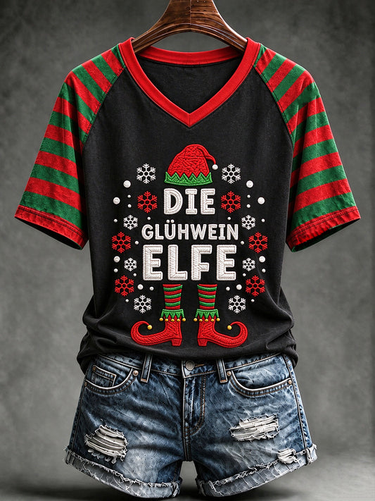 Women's Christmas Print V-neck T-shirt