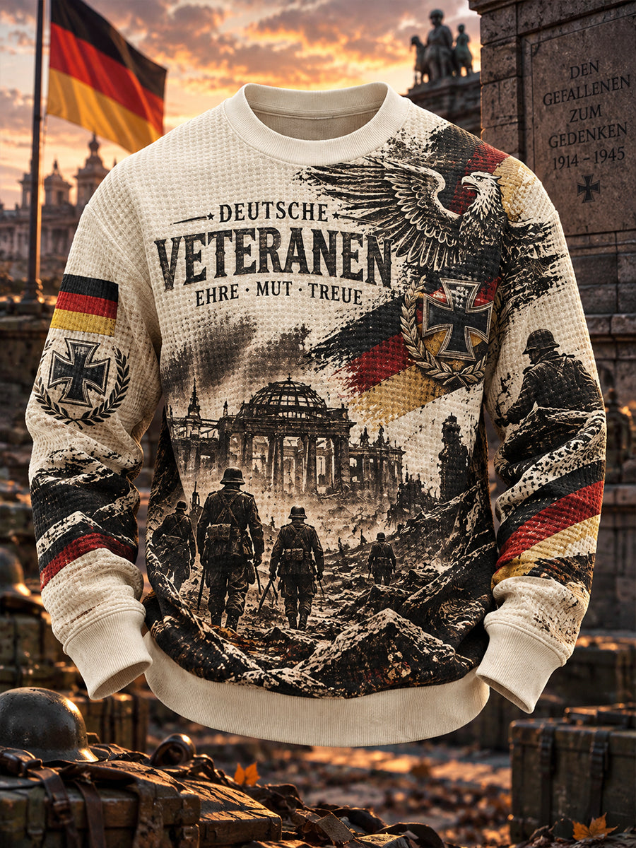 Men’s Veteran Memorial-Themed Printed Waffle-Knit Long-Sleeve Sweatshirt
