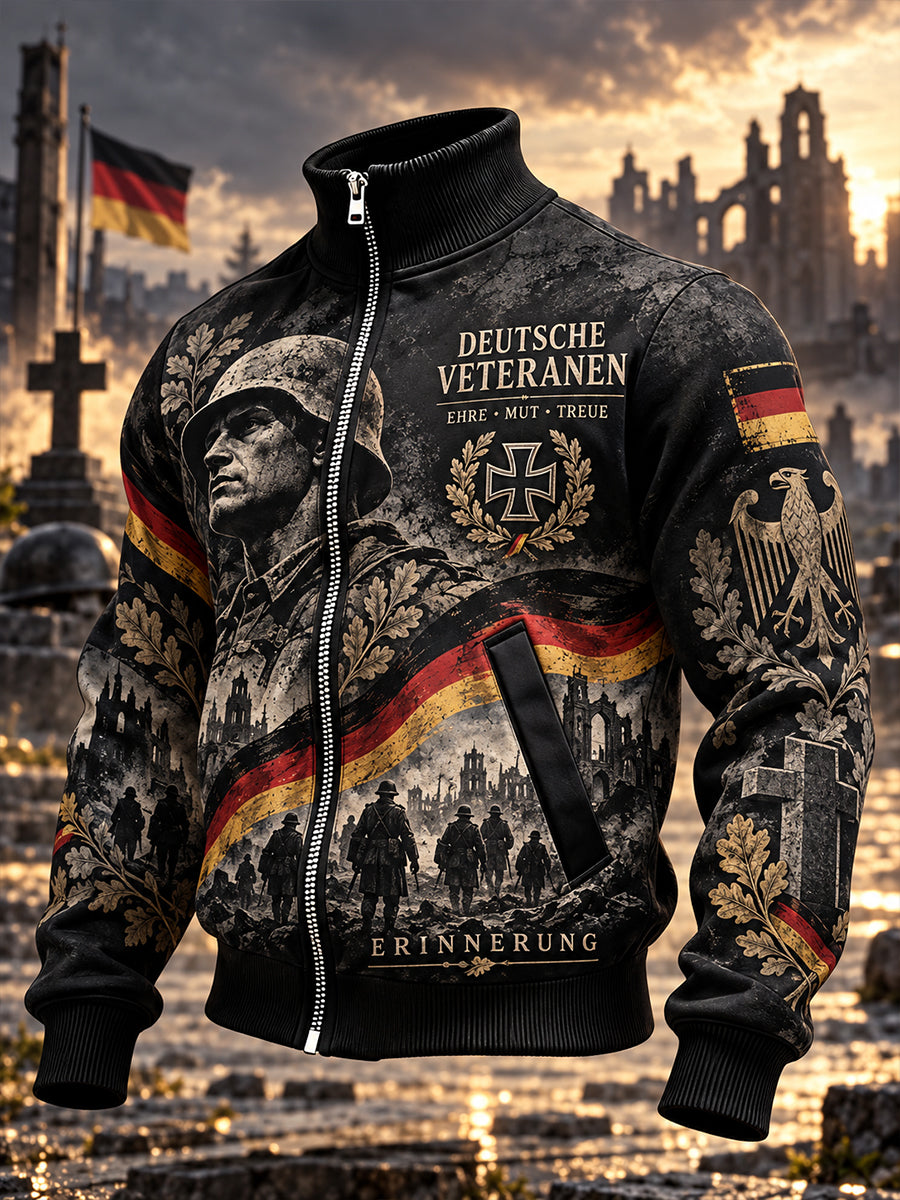 Men’s Veteran Memorial-Themed Print High-Neck Jacket