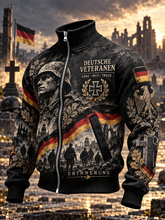 Men’s Veteran Memorial-Themed Print High-Neck Jacket
