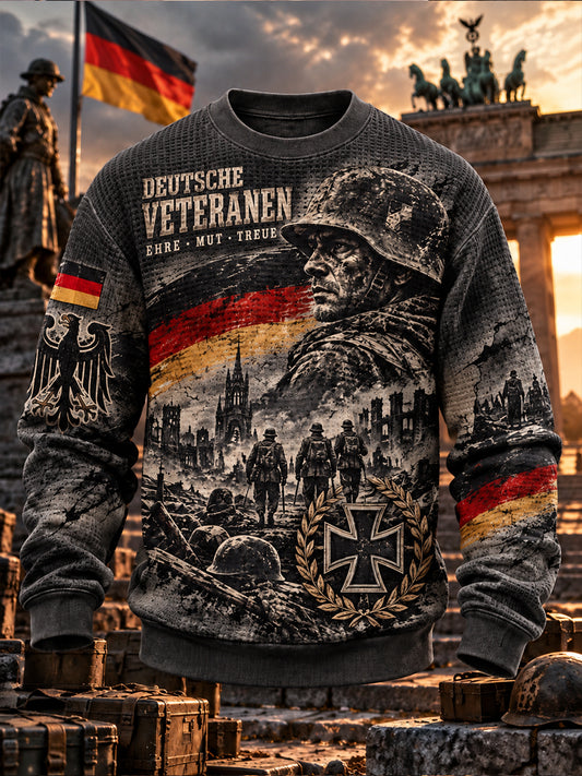 Men’s Veteran Memorial-Themed Printed Waffle-Knit Long-Sleeve Sweatshirt