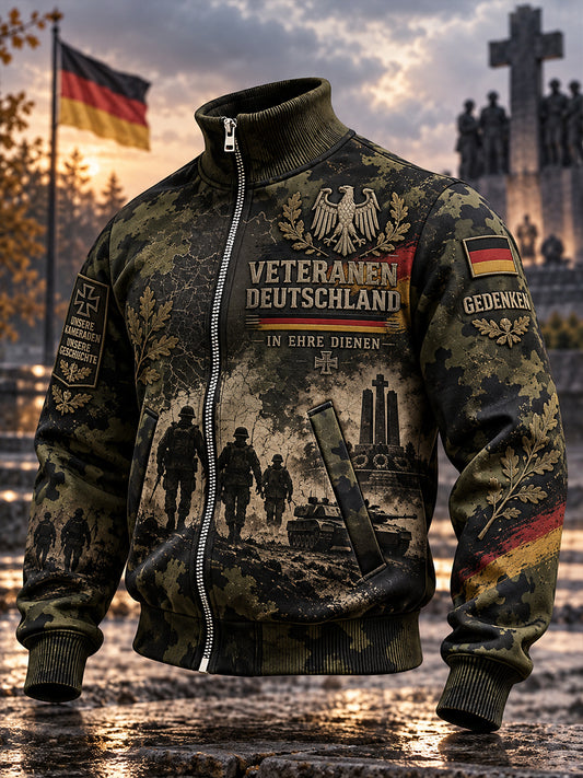 Men’s Veteran Memorial-Themed Print High-Neck Jacket