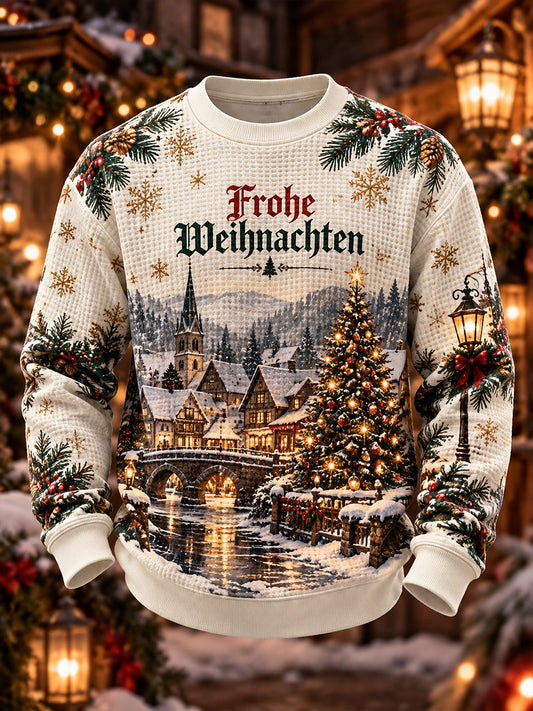 Men’s Christmas-Themed Print Waffle-Knit Long-Sleeve Sweatshirt
