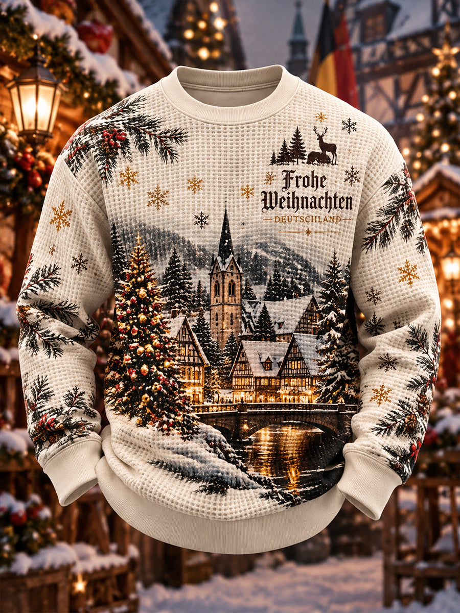 Men’s Christmas-Themed Print Waffle-Knit Long-Sleeve Sweatshirt